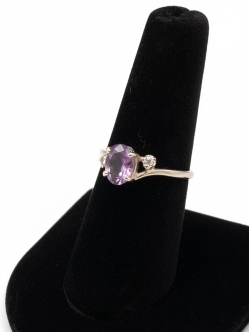 Avon vintage SS and amethyst ring with 2 cubic zirconia accents, size 7